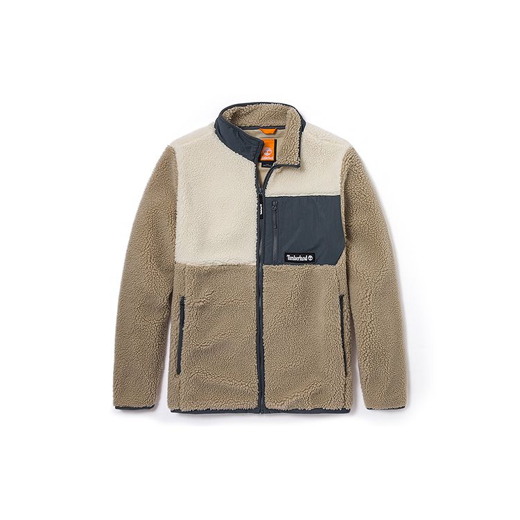 Timberland Beige and Brown Color-Blocked Stand Collar Fleece Jacket A5PUP-EG0 L