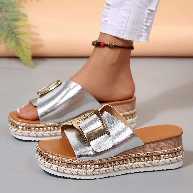 Fashion Metal Buckle Design Slippers for Women 2025 Summer Platform Thick Bottom Sandals Plus Size Woman Open Toe Wedges Slides Shoes