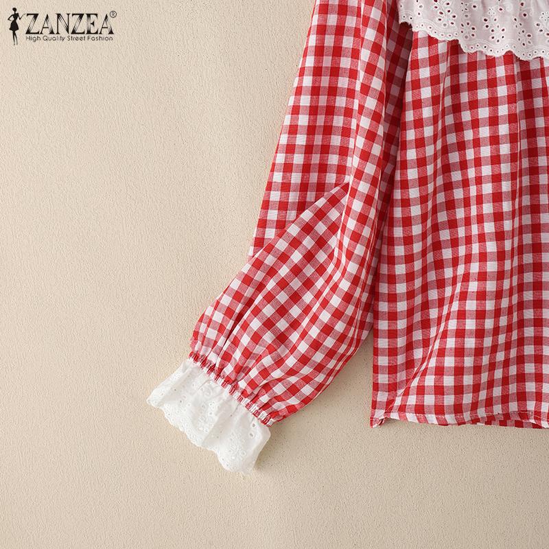 ZANZEA Women Lace Patchwork Casual Long Sleeve Grid Print Blouse