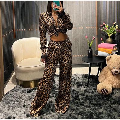 Conjunto de calças de leopardo feminino, vintage, lapela, abotoamento simples, penas, manga, cintura alta, pernas largas, calças, conjuntos femininos, primavera, roupas femininas