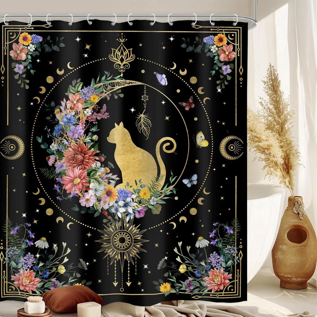 Japanese Cherry Cat Shower Curtain Black White Red Cute Animal Waterproof Polyester Bathroom Home Decorative Cover with Hook