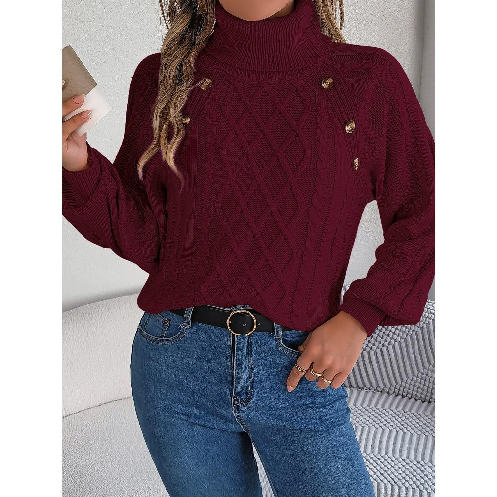 Autumn/Winter Casual Solid-Colour Buttoned Cable-Knit Turtleneck Bell-Sleeve Pullover for Women