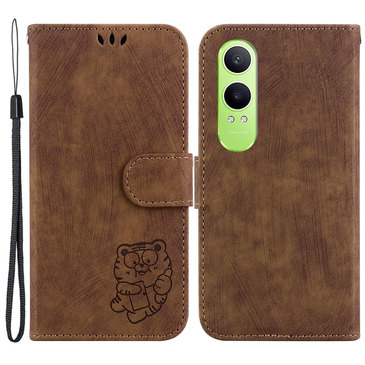 

For OnePlus Nord CE4 Lite 5G/Oppo K12x 5G (China) Stand Case Cute Tiger Imprint Leather Wallet Phone Cover Brown