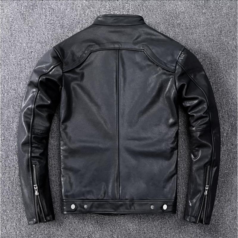 Casual Men's Sheepskin Jacket Genuine Leather Jacket Short Stand Collar Slim Waxy Leather Jacket