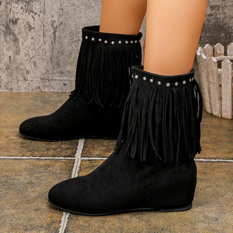 Large Size Wind Round Head Flat Heel Rhinestone Fringed Fashion Boots Autumn and Winter New Mid Tube Outer Women's Boots