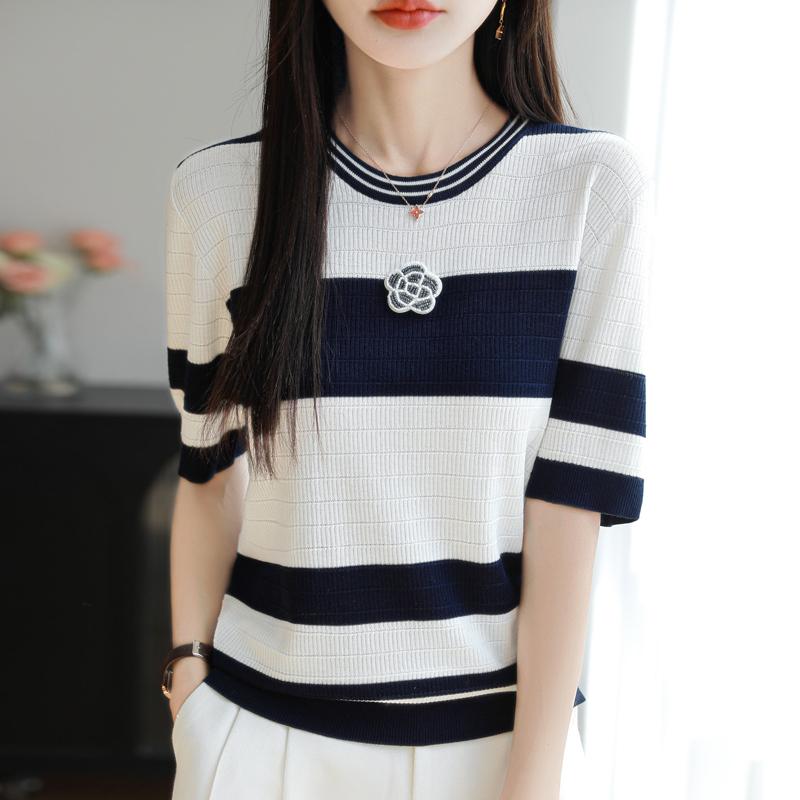 Women Knit T-shirt MODERN NEW SAGA Summer Knitted Shirt Short Sleeve Tees O-neck Patchwork Pullover Knit Tops