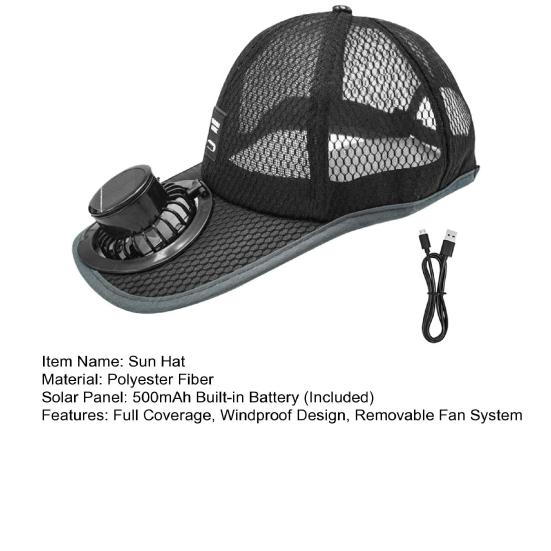 Baseball Cap Breathable Mesh Sun Hat with USB Charging Solar Power Detachable Safe Fan Cover Adjustable Summer Cooling Hat