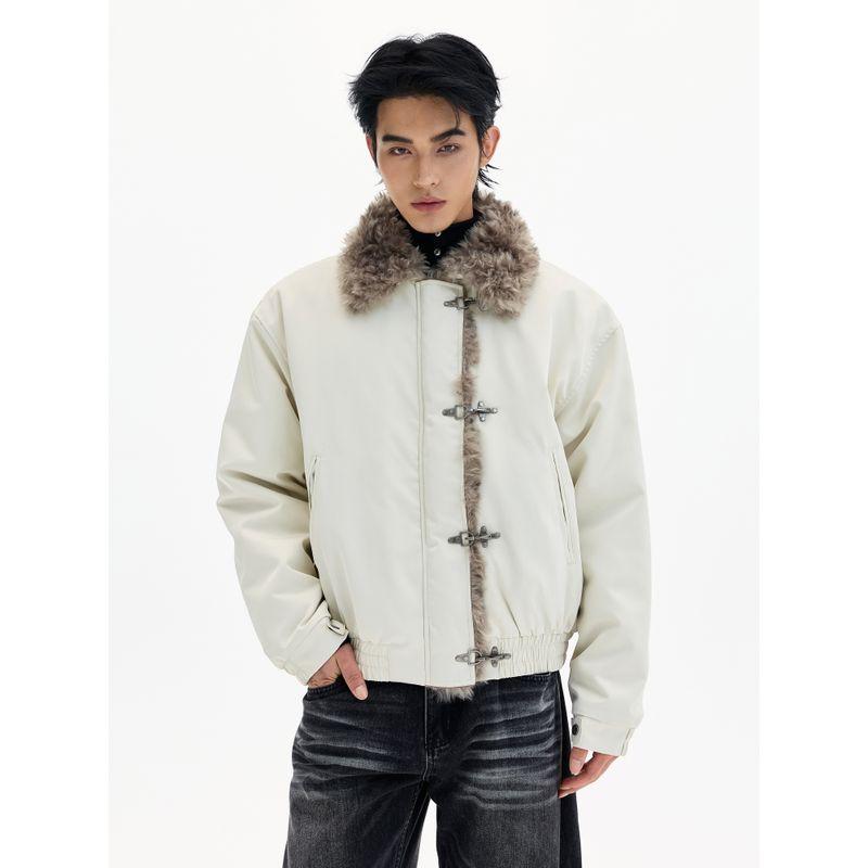 Kisko Winter American-Style Snap-Button Padded Coat with Fur Collar, Unisex Design, Loose Fit, Warm Jacket, Couple's Trendy Style