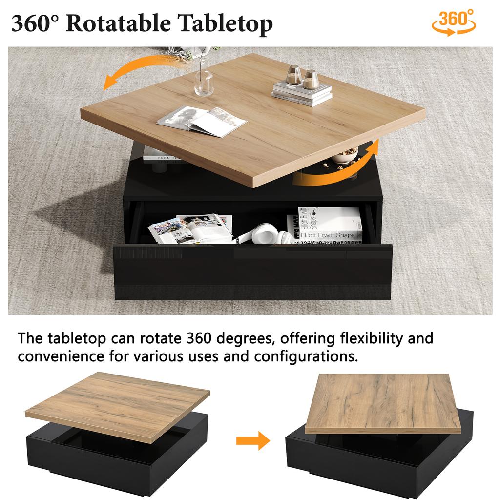 Multifunctional Square 360 Degrees Swiveling Coffee Drawer, High-Gloss 2-Tier Table and Storage Cabinet, Side Table, Natural Wood + Black