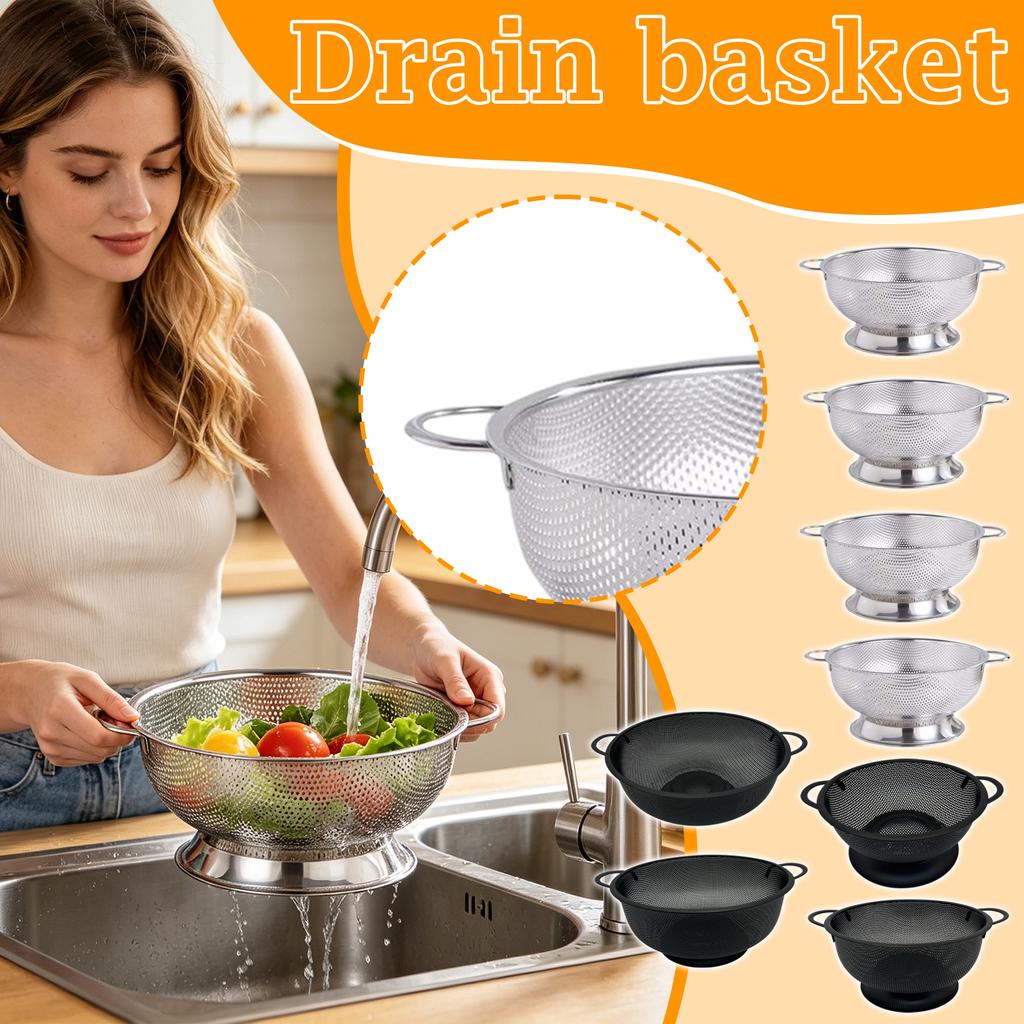 Stainless Steel Thickened Double Handle Colander Drain Basket Hanging Basket Kitchen Vegetable Fruit Basket Elevated Base Strainer