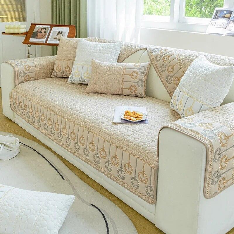 Universal Sofa Cover Embroidery Non-Slip Simple Modern Cotton Fabric Sofa Cushion Living Room Sofa Cover Armrest Cloth Towel