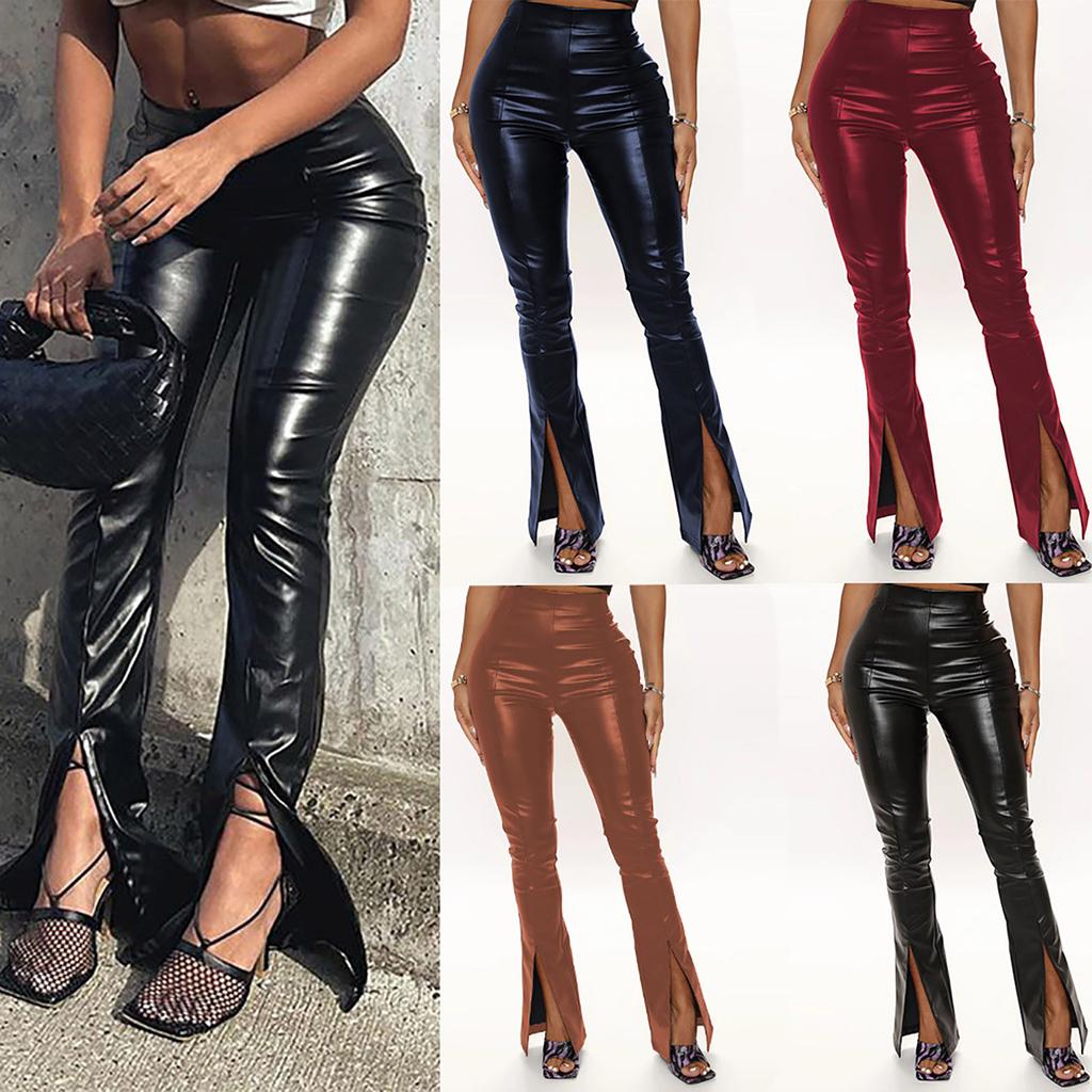 Women Fashion Soild Classic High Waist Elastic Flared Pants Split Pants