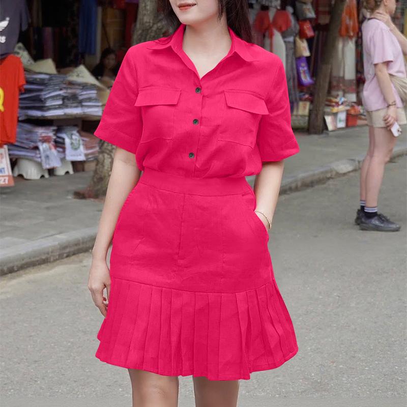 

ZANZEA Women Casual Turn Down Collar Summer Short Sleeve Dress S темно-рожевого кольору