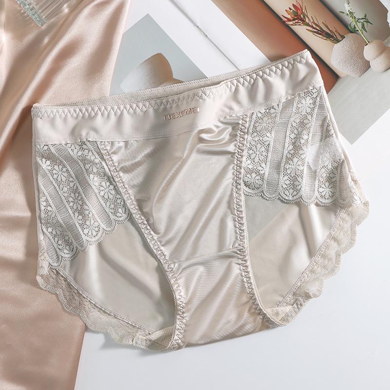 Plussize Ladies Summer Light Luxury Satin Sexy Lace Ice Silk Breathable High Waisted Briefs
