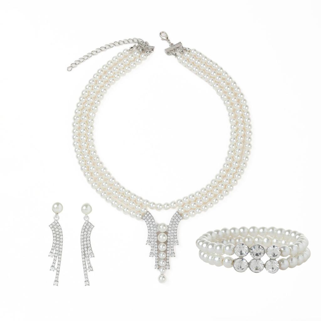 Three-layer pearl bracelet necklace, earrings, multi-layer imitation pearl necklace, dress accessories, women's high-end jewelry set