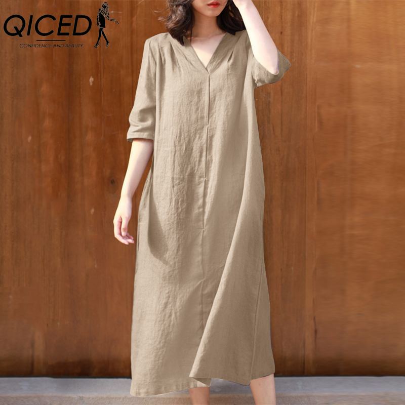 

QICED Женская мода, лето, весна, сплошной цвет, принт, рукава 1/2, v-образный вырез, высокая талия, повседневные платья XXXXXL хаки