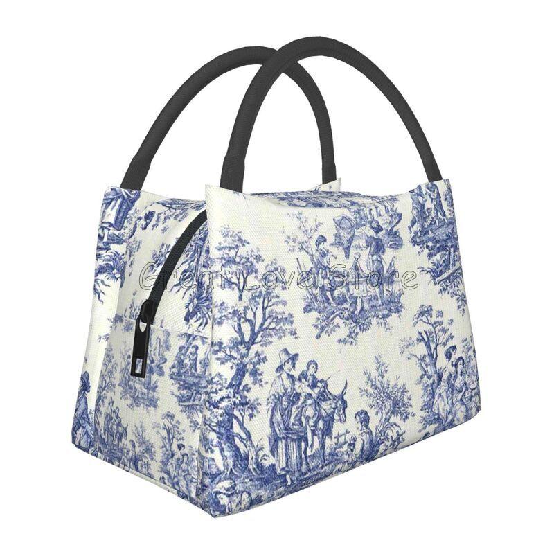French Toile De Jouy Thermal Lunch Bag Unisex Portable Insulated Cooler Bento Tote Bag for Picnic Work Reusable Packed Lunch Box