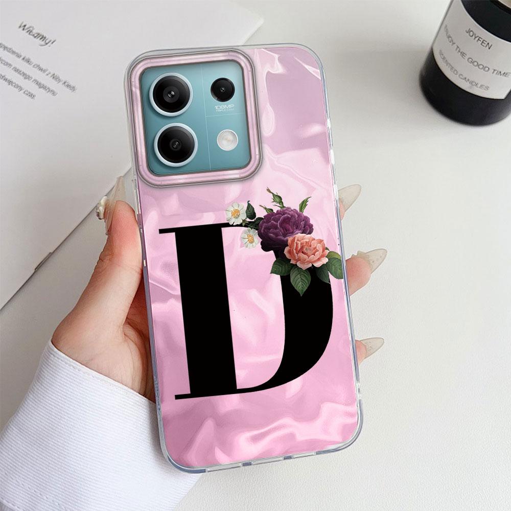 A-Z Black Letter Peony Flower  Shockproof Phone Case For Xiaomi Redmi Note 12 10 8 9 Pro 10S 9s Silicone Couple Shell Back Cover