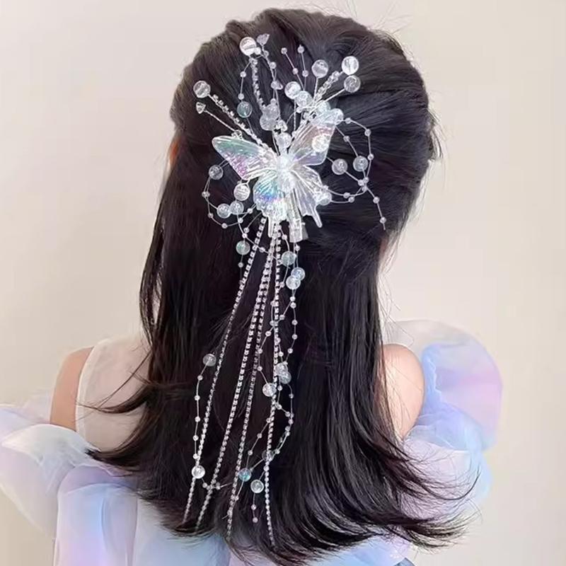 Long Crystal Butterfly Bead Tassel Hair Clips for Women Shiny Luxury Headwear Side Bangs Double Ponytails Photos Accessory Gift