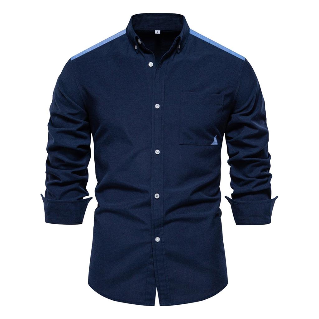 Men's Oxford Textile Shirt Casual Versatile Fashion Color Blocking Long Sleeved Top