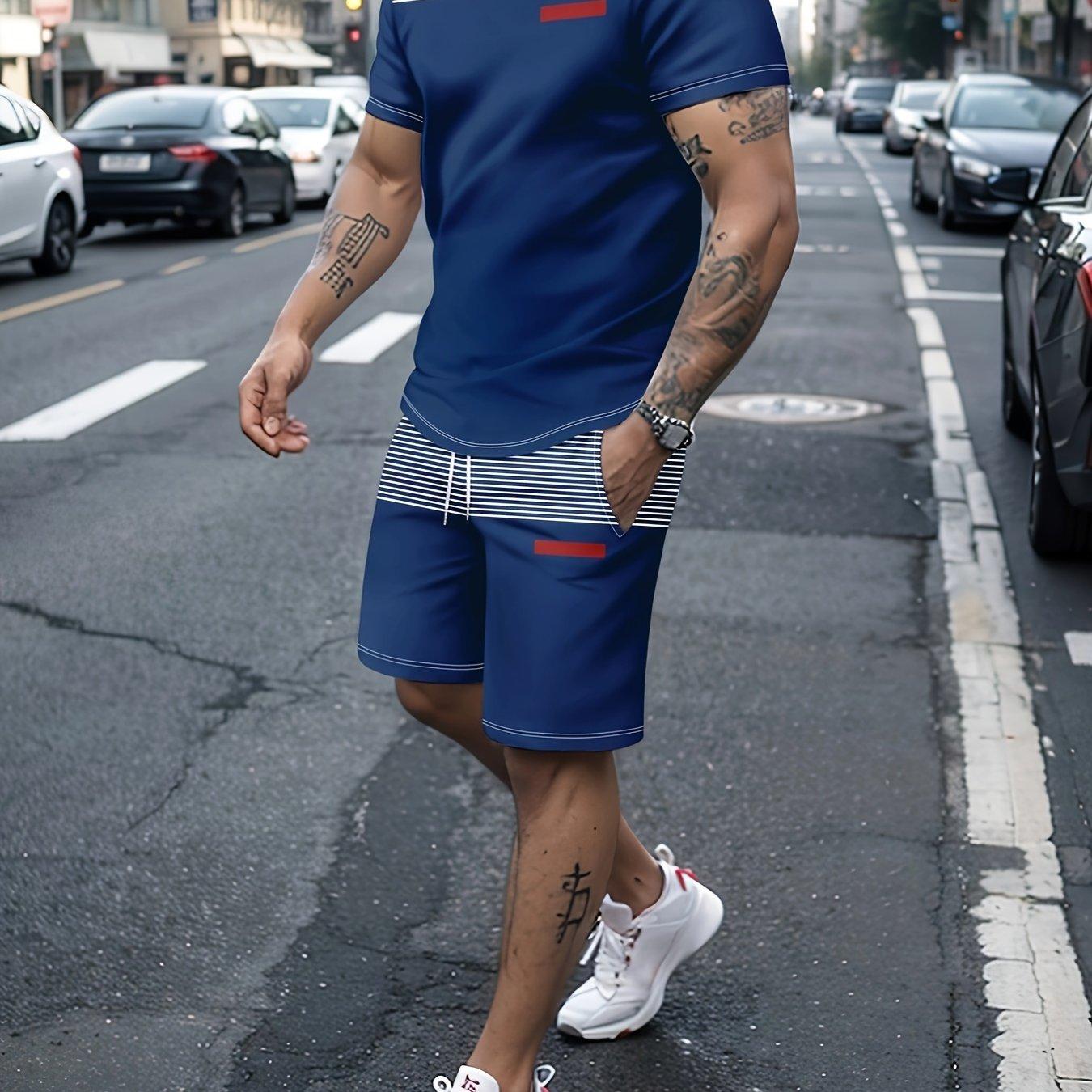 

Комплект мужской одежды из 2 предметов в стиле колор-блок - стильная футболка с круглым вырезом и шорты на шнурке для летнего отпуска и тренировок - удобная повседневная одежда 6XL