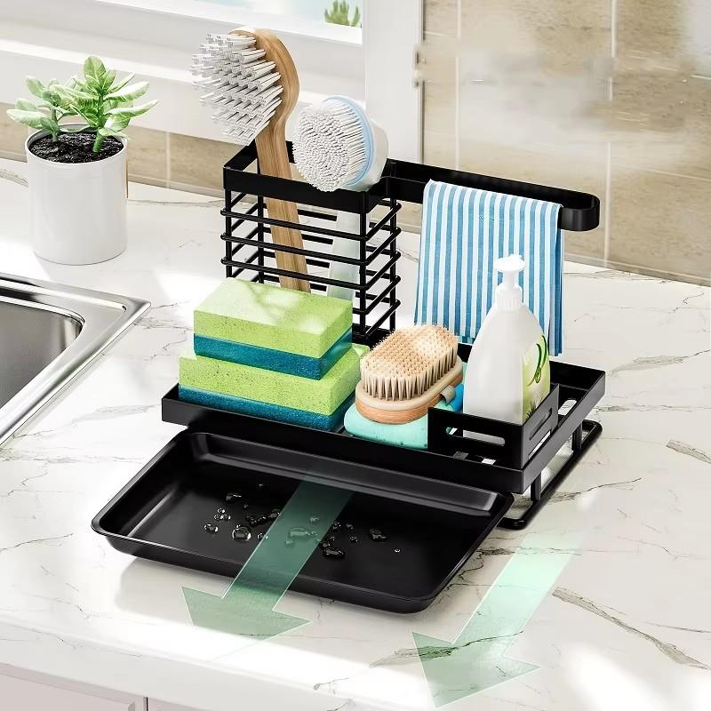 Kitchen Sink Organizer Metal Sink Caddy Sponge Holder Soap Drainer Shelf Drain Rack Dishcloth Hanger Brush Storage Drying Rack