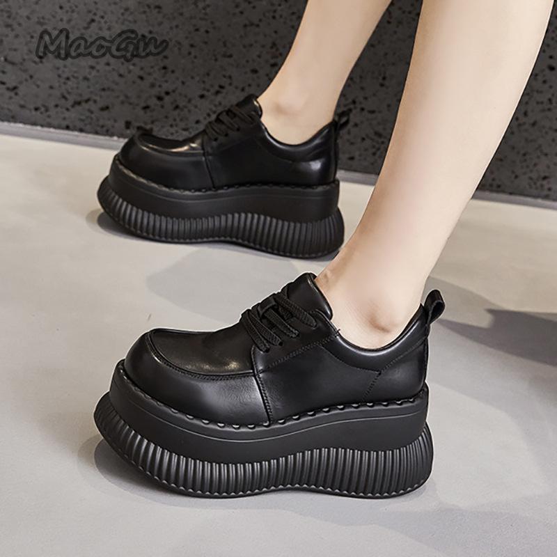 Fashion Thick-Soled Women's Shoes 2025 New Lace Up Lolita Shoes Black Beige Chunky Platform Leather Pumps Size34 39 Street Style Flats