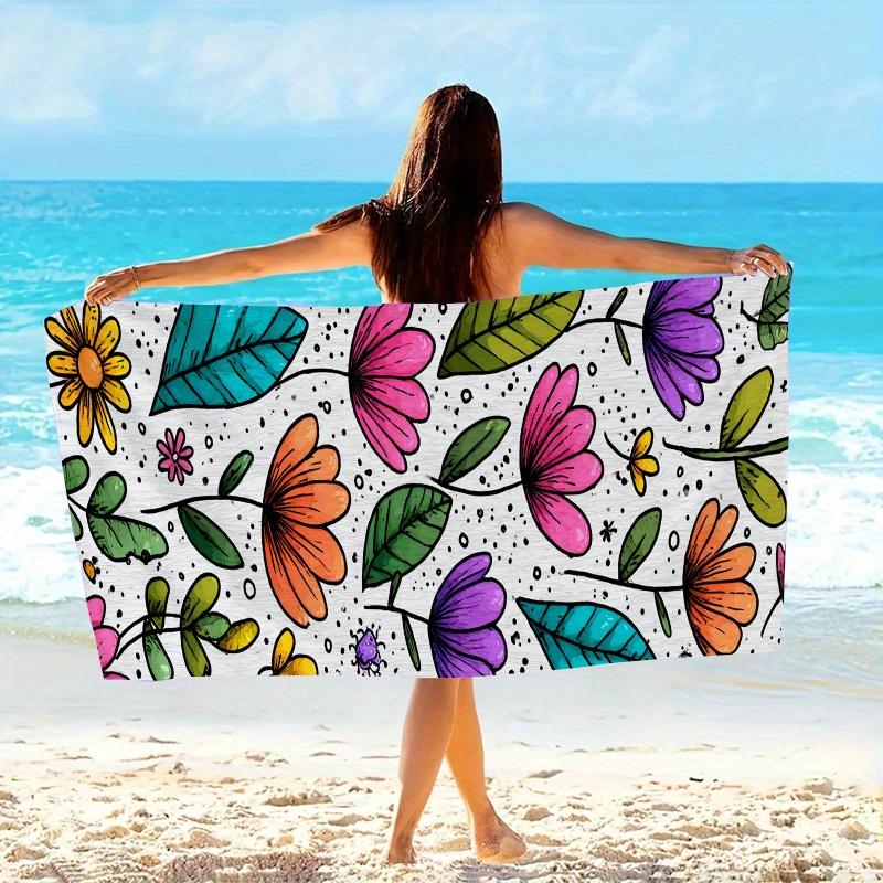 1pc Colorful Stylized Floral Pattern Beach Towel Bright Purple Orange Yellow and Pink Flowers with Leaves on White Background