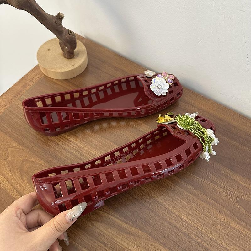 2025 Summer Red New Brand Women Slipper String of Beads Jelly Sandals Shoes Square Toe Shallow Slip on Ballet Flat Shoes