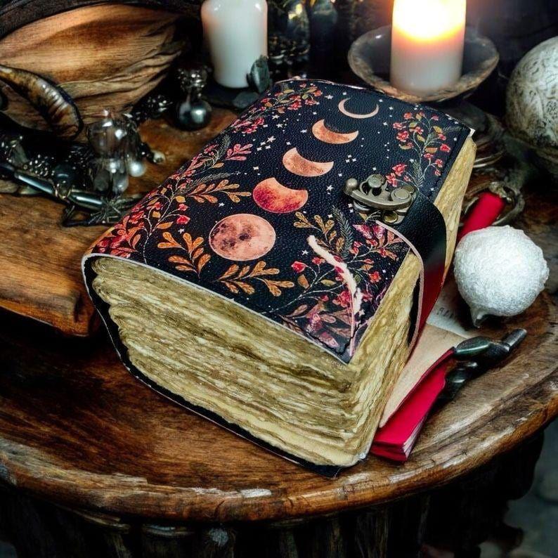 200 Page Large Grimoire Vintage Leather Journal, Moon Phase Fat Journal, Blank Spell Book of Shadows Celestial Christmas Gifts For Him Her