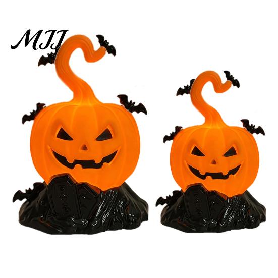 Warm Glow Decorative Lamps 2Pcs Halloween Pumpkin Night Light, Flameless LED Candle Lamp with Bat Small Plastic Figurine Lights Decor, Tabletop