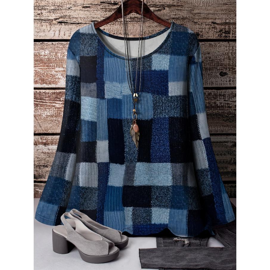 Women Fashon Polyester Comfortable T Shirts Sports Grid 3D Print Loose Round Neck Long Sleeve T-shirt Top