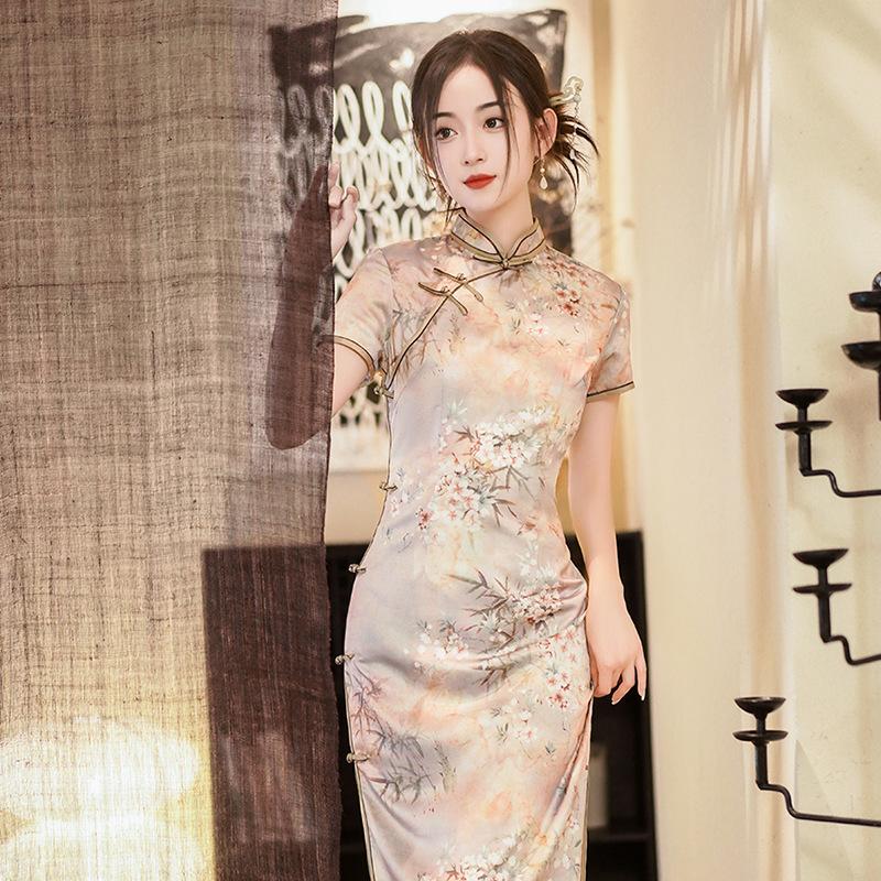 1011 national style summer and autumn new cheongsam dress satin dress retro slim banquet double-layer performance clothes