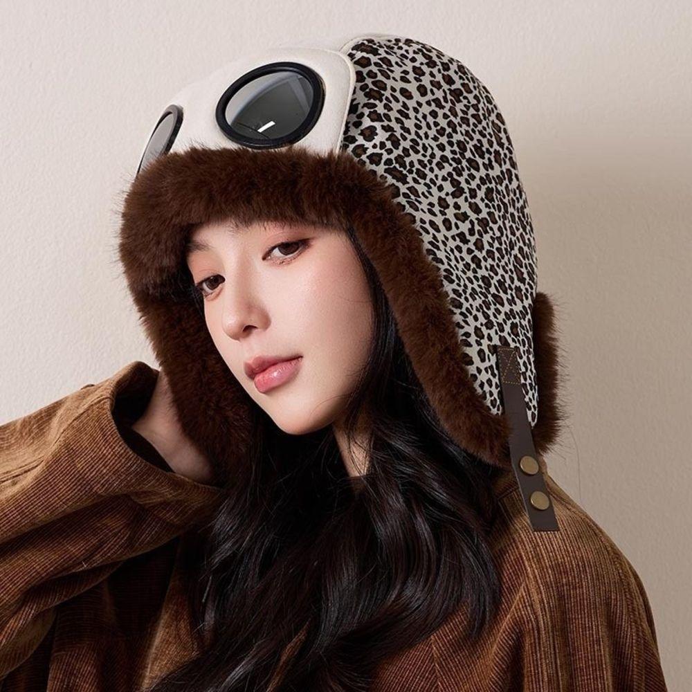 Fleece Lined Leopard Print Trapper Hat Warm Winter Hat Snow Activities