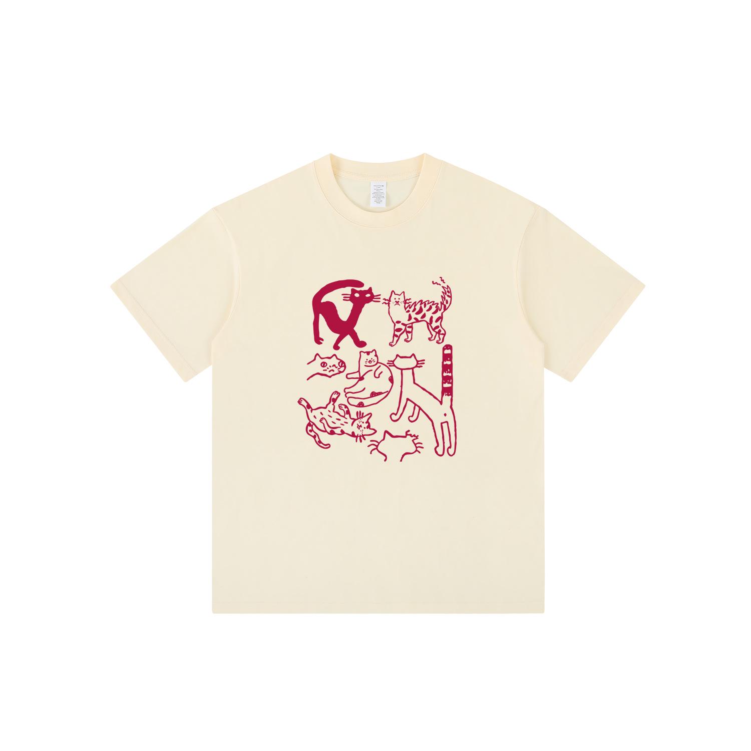 

Retro Cartoon Cat Print Unisex T-Shirt - Casual, Loose, Short Sleeve, Round Neck L бежевый
