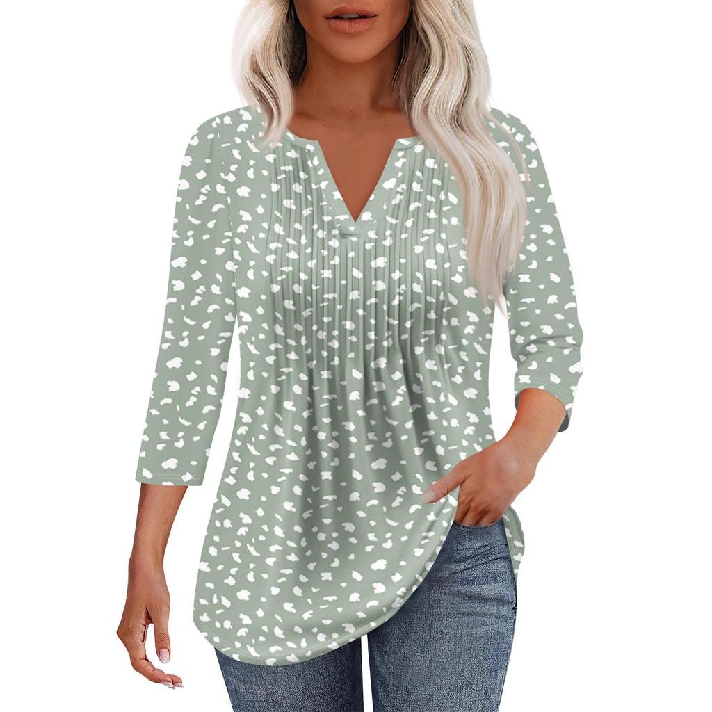 Modisches, lässiges T-Shirt mit plissiertem V-Ausschnitt und einfarbigen Siebenviertelärmeln für Damen