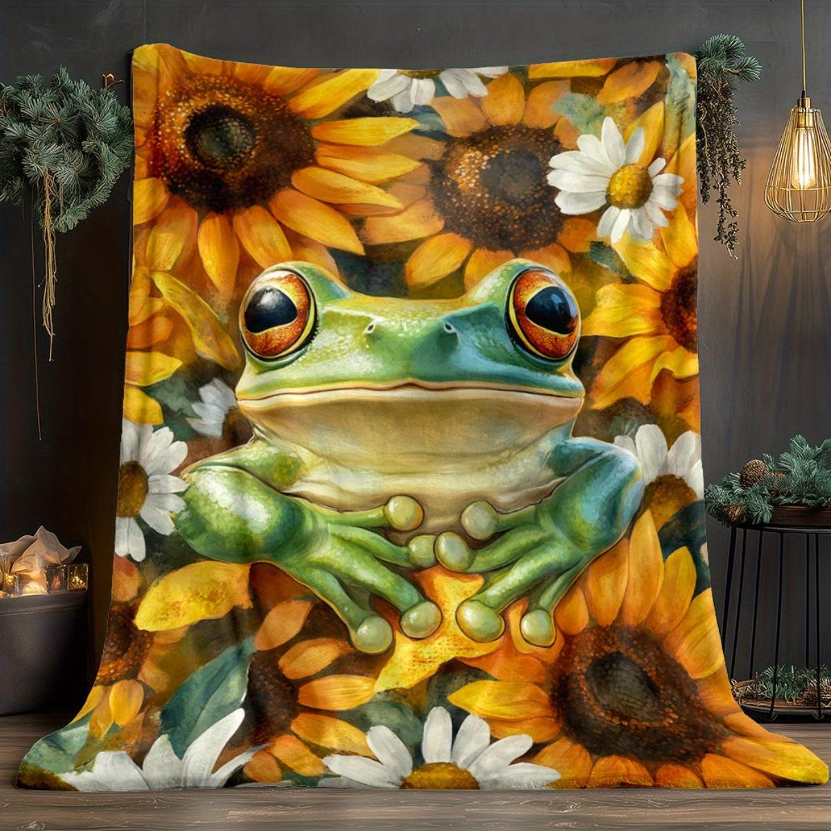 

1pc Frog & Sunflowers Design HD Print Blanket - Soft Warm Flannel Throw for Sofa, Bed, Travel, Living Room, Office - Lightweight 75cm x 90cm
