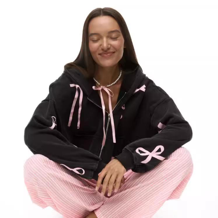 Felpe con cappuccio dolci Y2k con stampa fiocco da donna nere con zip felpe con cappuccio Harajuku Coquette larghe casual carine