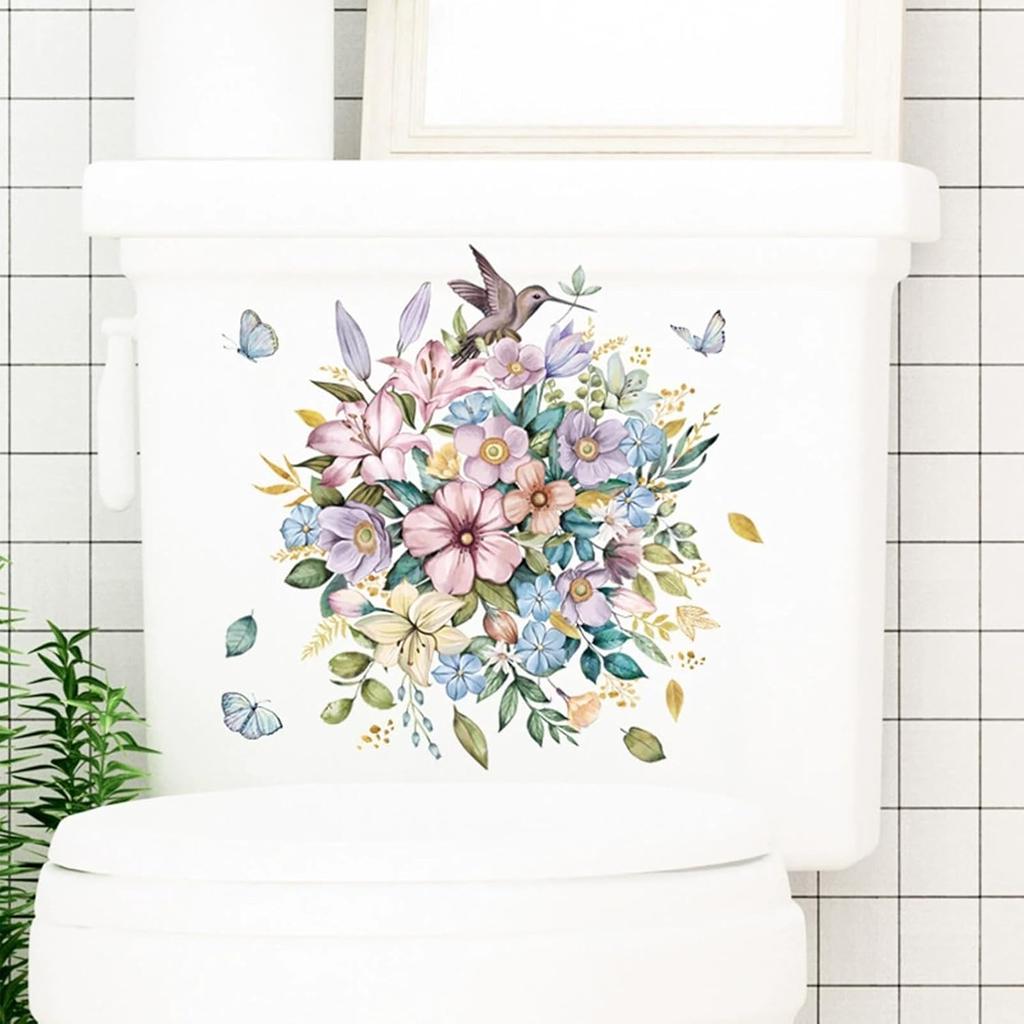 Birds Flowers Butterfly Toilet Seat Lid Stickers Self-Adhesive Bathroom Wall Sticker Floral, Birds, Butterfly Toilet Seat Decals DIY Removable