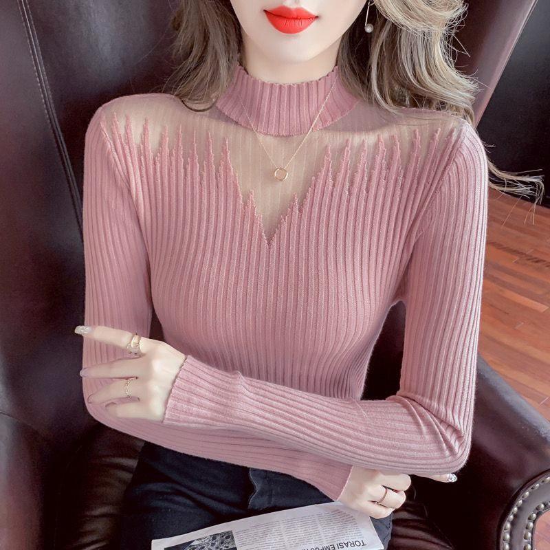 Mesh Spliced Half-High Neck Knit Top for Women - Stylish Slim-Fit Sweater for Spring & Autumn
