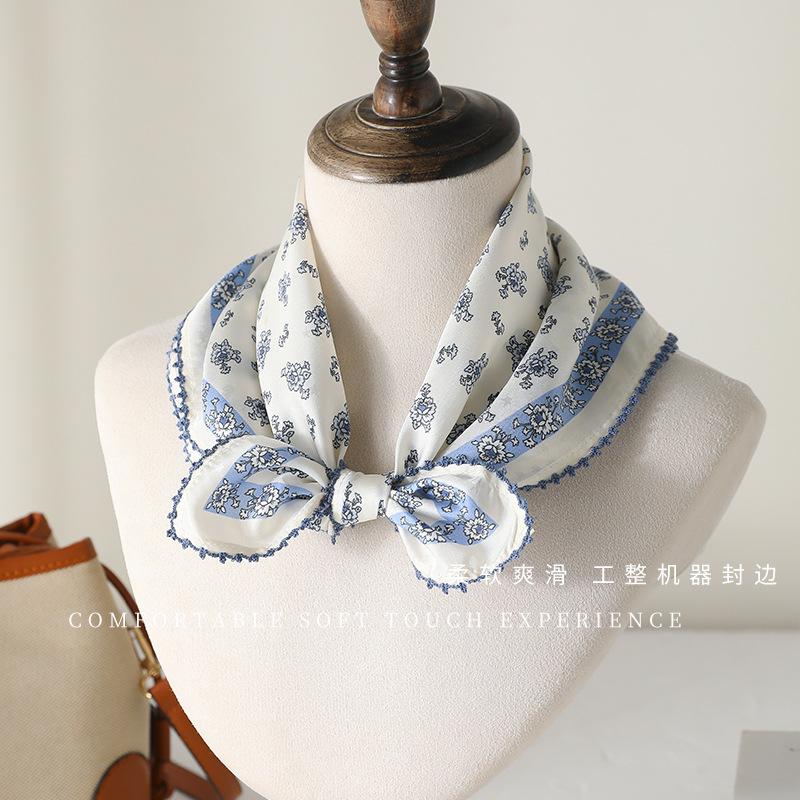 French retro blue silk square scarf 16 mmi small silk scarf gentle wind commuter accessories multi-purpose headscarf