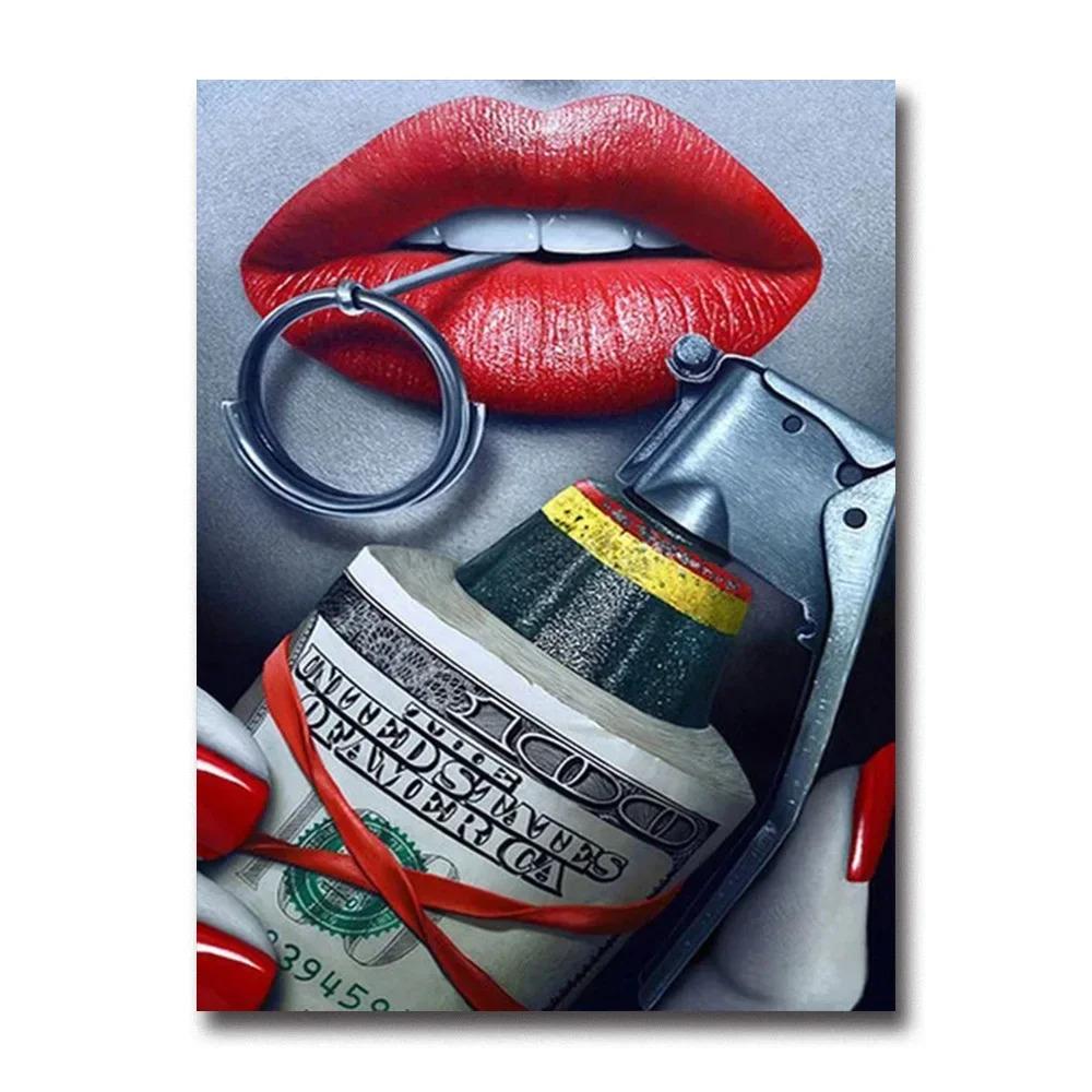 Sexy Woman Red Lips Money Rose Wall Art Posters Modern Home Living Room Bedroom Decorative Canvas Painting Picture Print Artwork