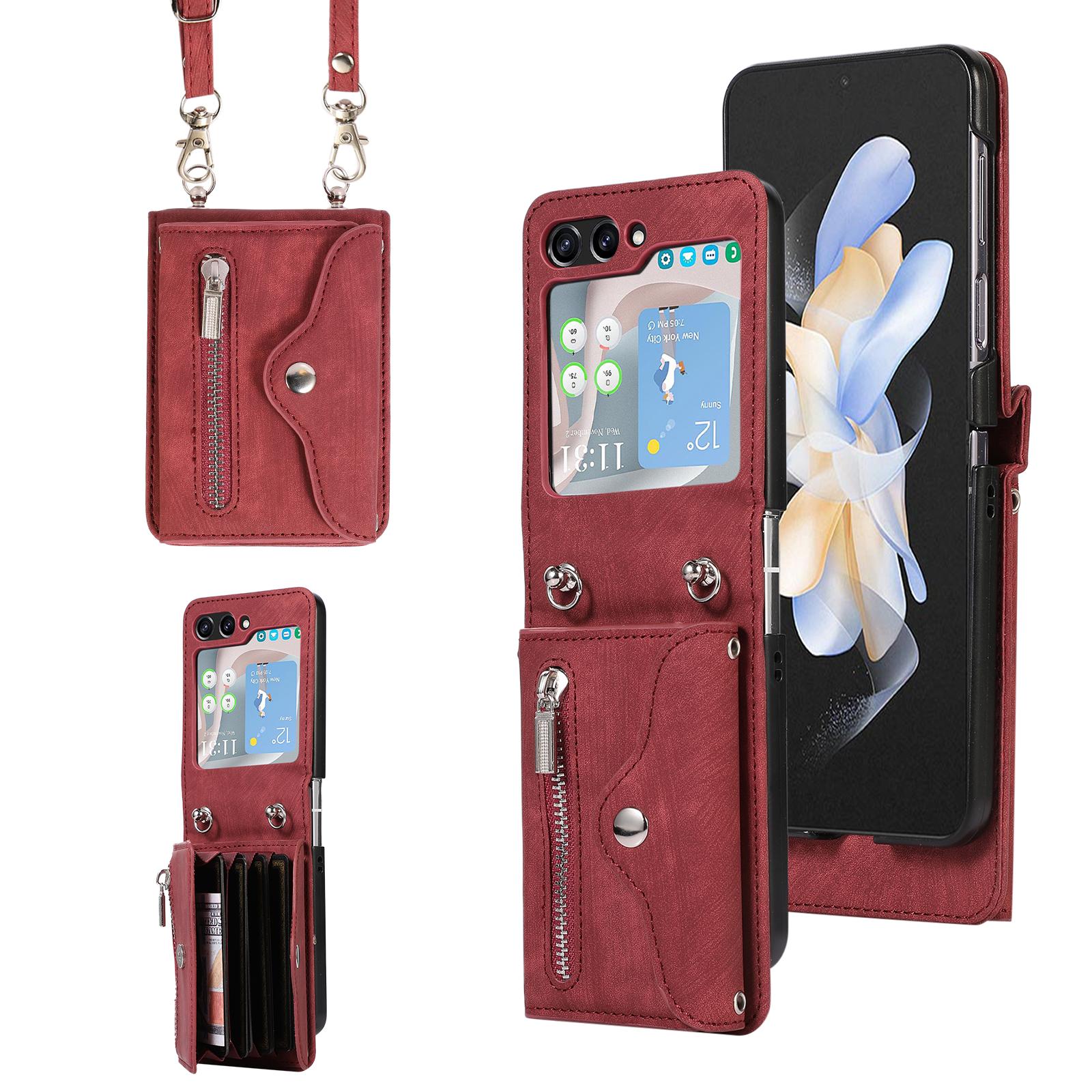 

For Samsung Galaxy Z Flip6 5G Case PU Leather+TPU RFID Blocking Card Slots Phone Cover with 2 Straps Red