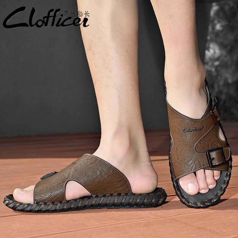 Men's Slippers Leather Flats Men Summer Non-Slip Casual Straight Slippers Unique Leather Half Drag Outdoor Walking Shoes