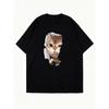 Oversized T Shirt Black Cat Face Print And Paw Design Casual Wear For Women