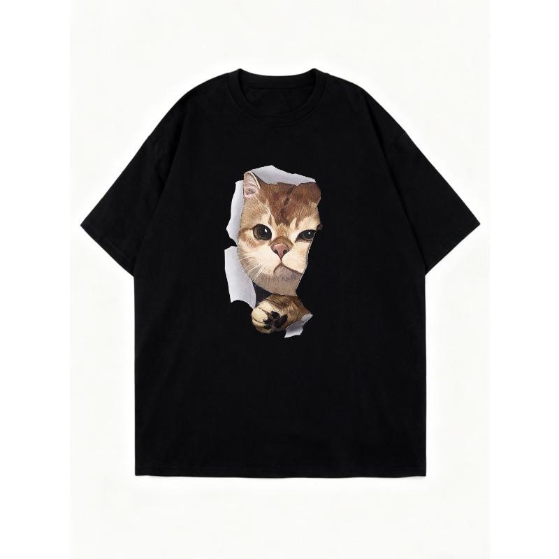 Oversized T Shirt Black Cat Face Print And Paw Design Casual Wear For Women