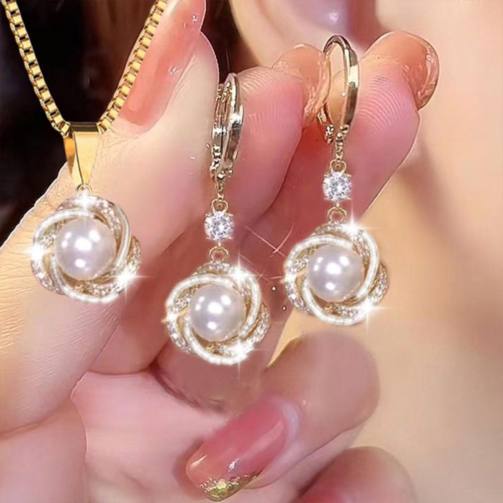 Jewelry Set For Women Lightweight Pearl Necklace Earrings Set Zircon Flower Jewelry Elegant Rhinestone Pearl Jewelry Set