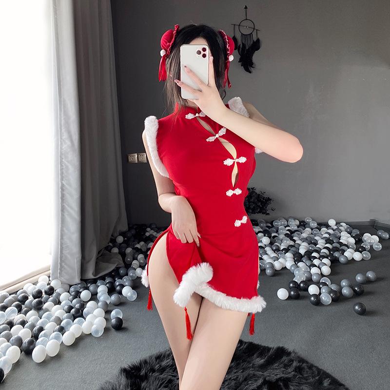 2025 Trendy Women's Sexy Backless Red Christmas Cheongsam