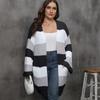 Women's Cardigan Plus Size Color Block Patchwork Woven Sweater Double Pocket Striped Sweater Coat