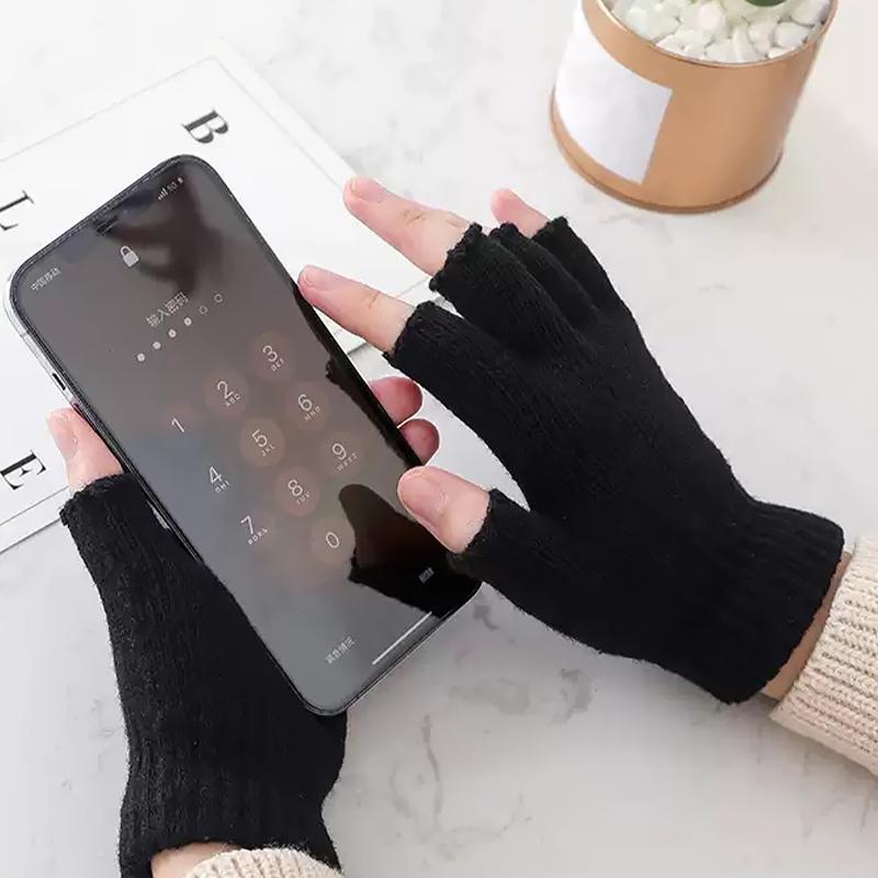 Black Gloves Autumn Winter Fashion Keep Warm Knitted Half-Finger Gloves Unisex
